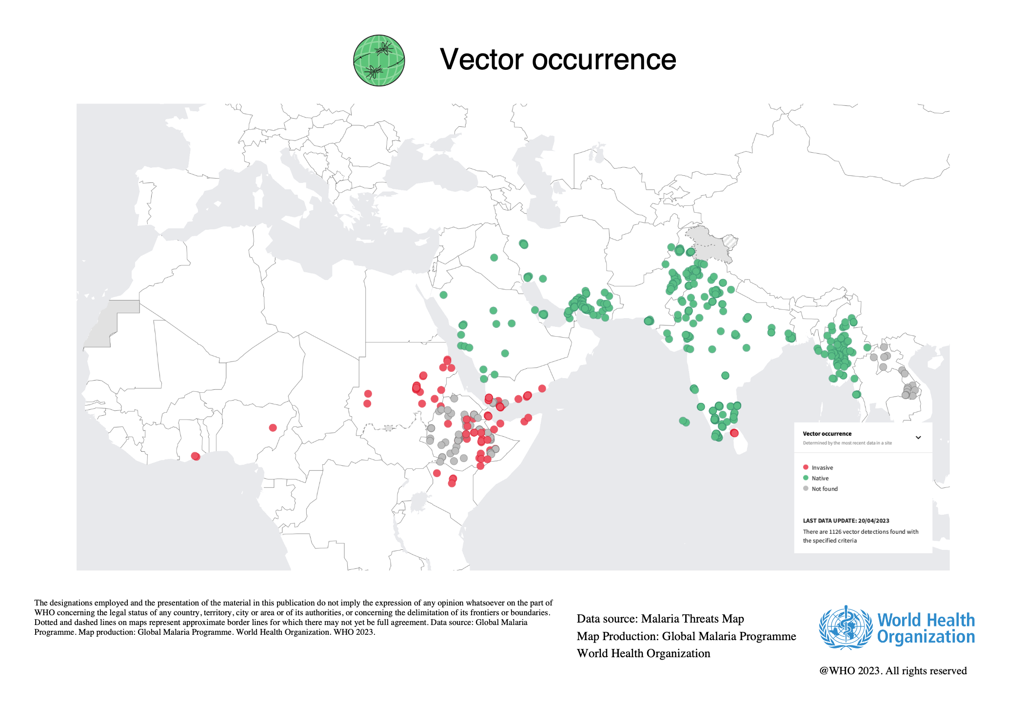 Anopheles stephensi vector occurrence, Malaria Threats Map