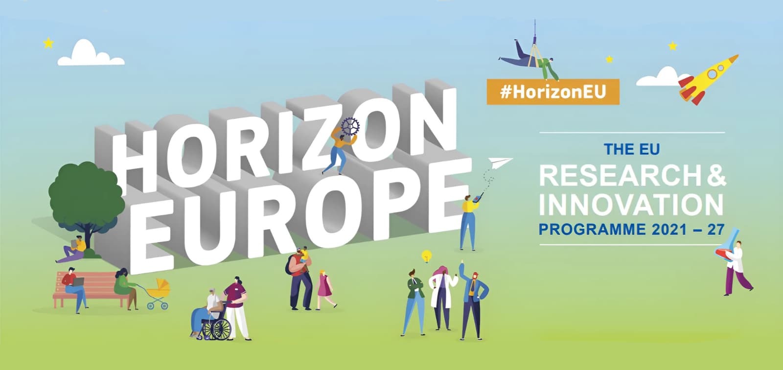 Imatge del programa de recerca Horizon Europe amb dibuixos de persones realitzant diferents activitats.