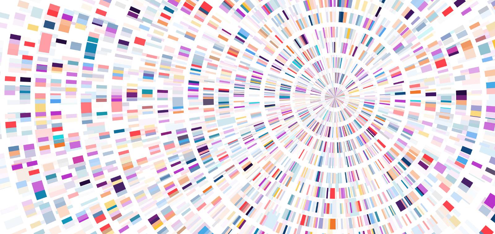 Gráfico circular abstracto con barras de colores que representa datos genéticos