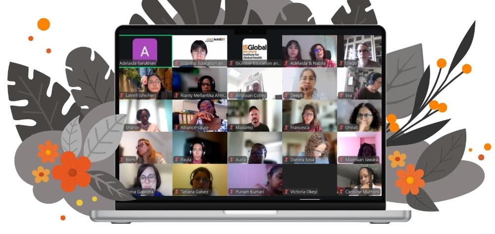 Un ordenador portátil abierto muestra algunas de las personas participantes en la Spring School 2026 de ISGlobal. De fondo, unas hojas grises y flores naranjas dibujadas con trazos modernos.