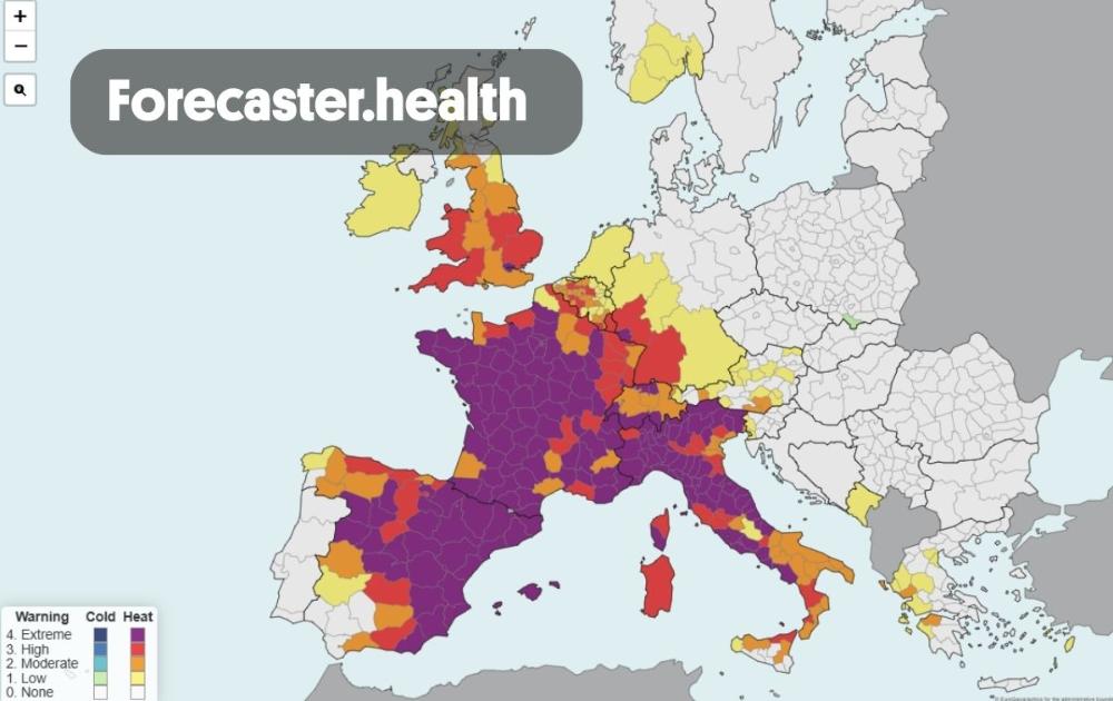 Captura de pantalla de Forecaster.health que mostra el risc de mortalitat associat a la calor a Europa per al 10 de juliol de 2026.