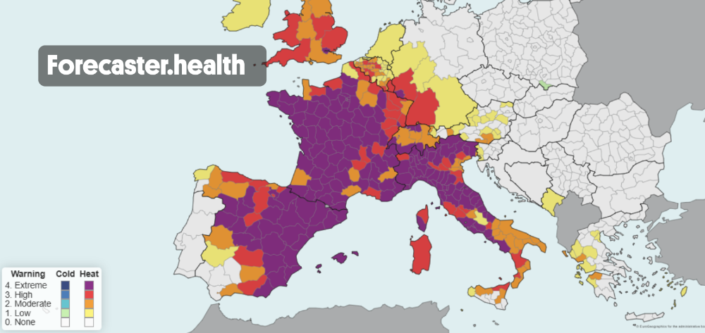 Screenshot of Forecaster.health showing the heat-related mortality risk across Europe for 10 July 2026.