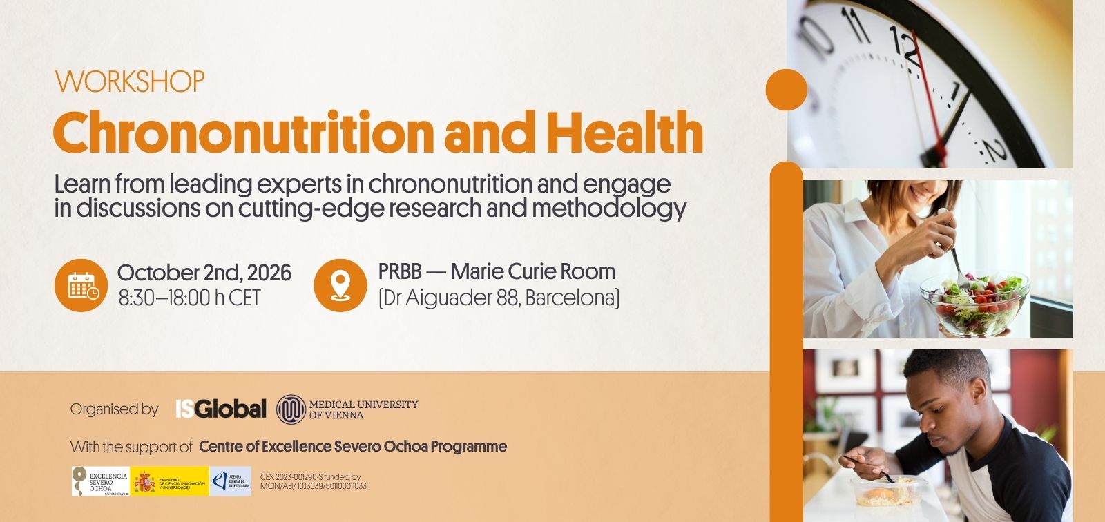 Banner del taller «Chrononutrition and Health», organitzat per ISGlobal i la Universitat Mèdica de Viena.