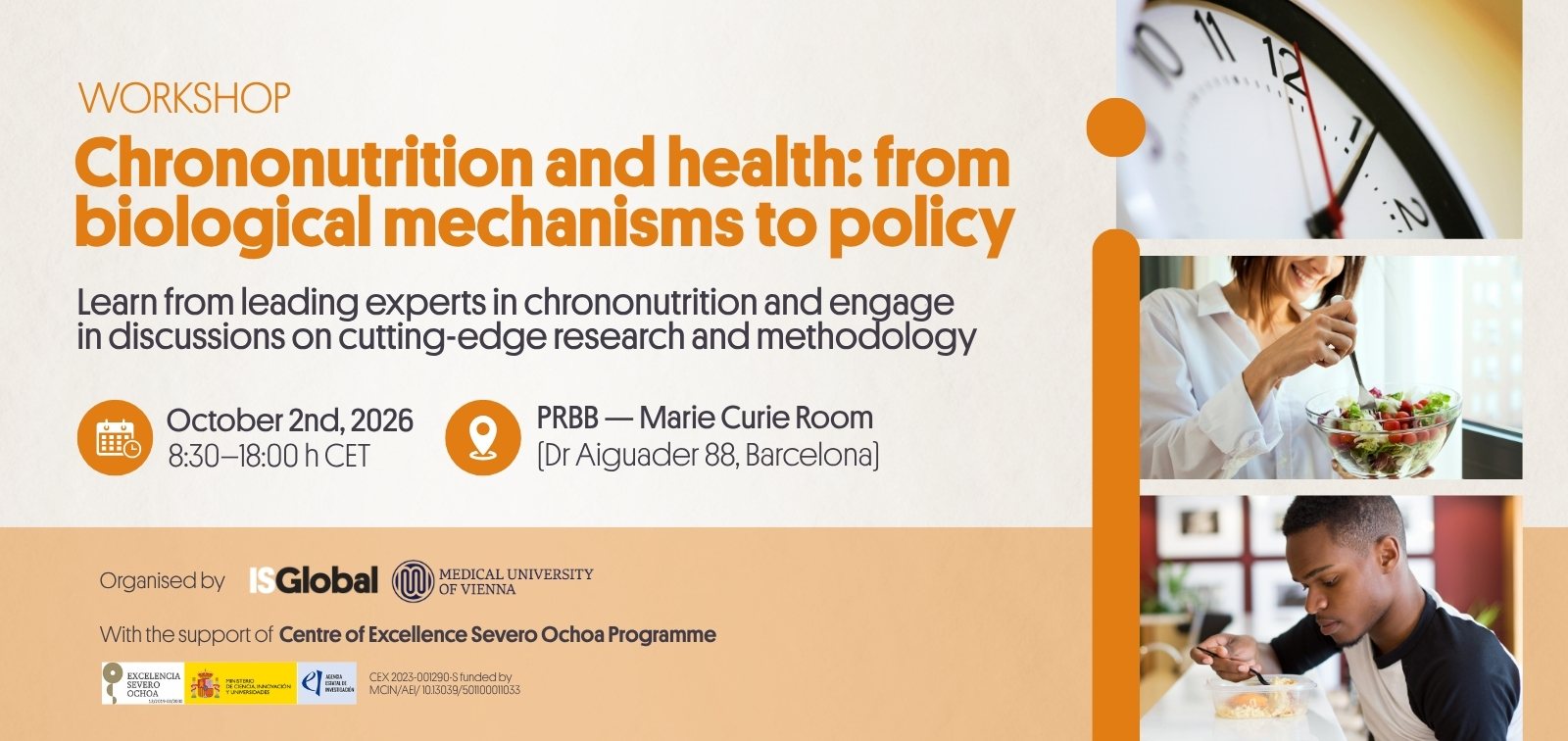 Banner del taller «Chrononutrition and Health», organitzat per ISGlobal i la Universitat Mèdica de Viena.