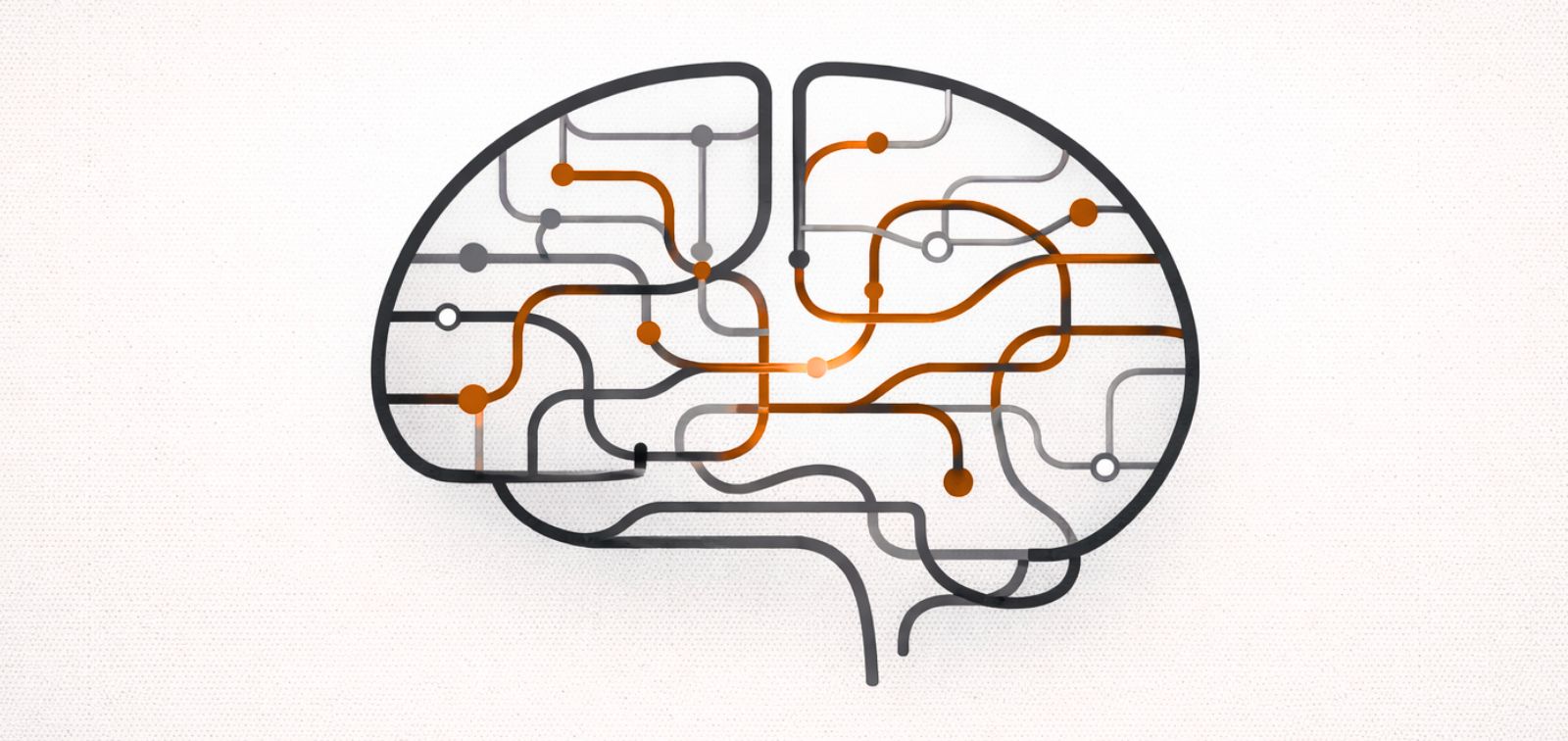 Representación simbólica de un cerebro y las conexiones neuronales en tonos negro, gris y anaranjados.