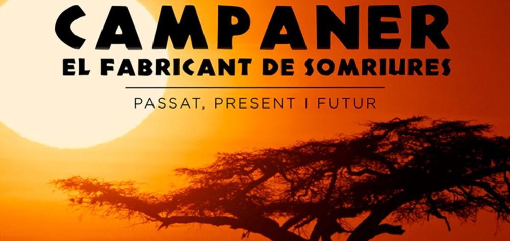 A tree canopy silhouetted against a low, blazing sun, alongside the title of the documentary “Campaner, the maker of smiles – Past, present and future”.