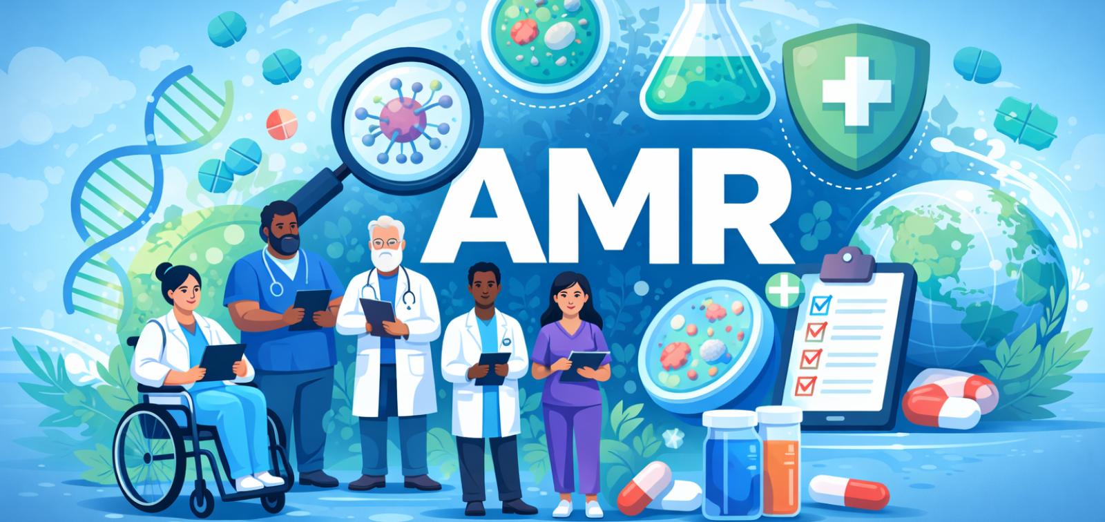 Ilustración sobre resistencia a los antimicrobianos con personal sanitario, microorganismos, fármacos y elementos de investigación en salud