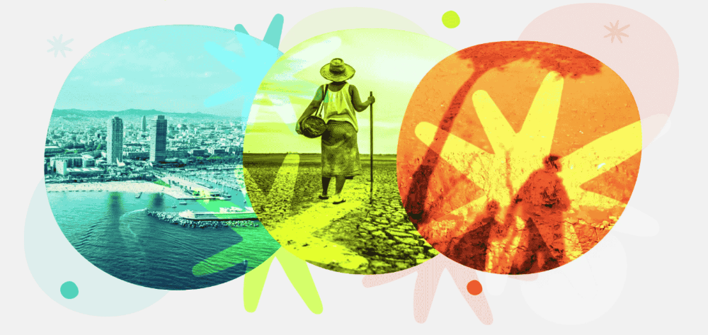 Different impacts of climate change: an urban coastal view of Barcelona, a person walking across drought-cracked land, and an abstract red-toned scene evoking extreme heat.
