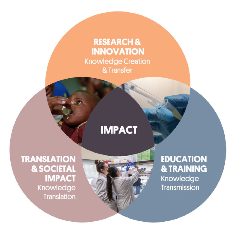 Infographic showing ISGlobal’s working model, where Research, Training and Translation pursue a positive impact on society.