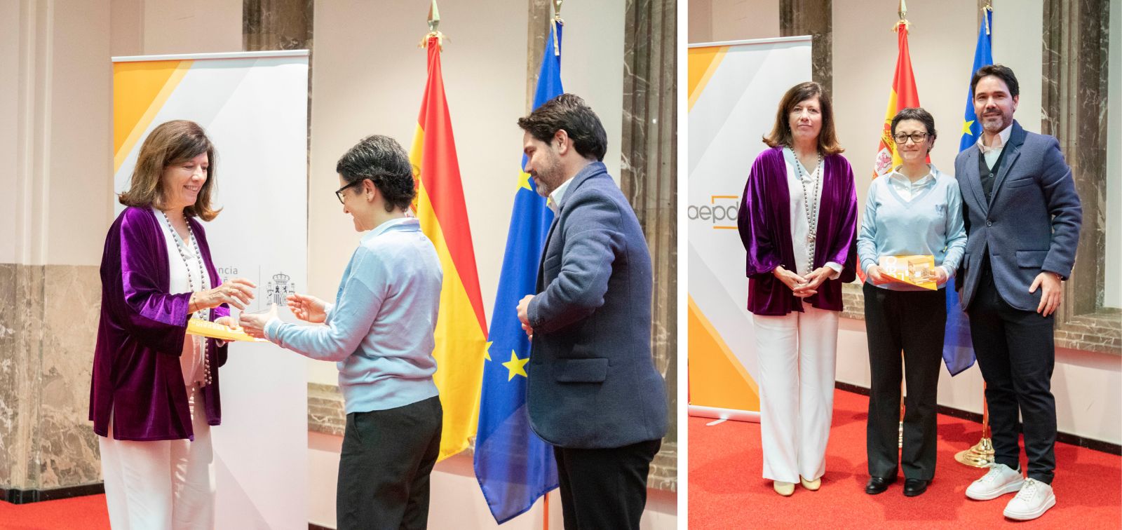 Mar España, the director of the Spanish Data Protection Agency (AEPD), awards the 2023 Data Protection Prize to Joana Porcel and Ramon Cifuentes, who receive it on behalf of ISGlobal